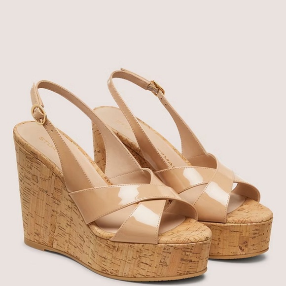 NWT Stuart Weitzman Dayna Patent Slingback Wedge Sandals Beige 8.5
